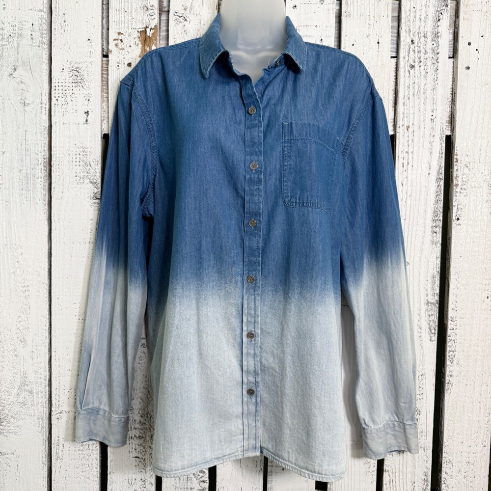 True Craft Ombre Chambray Denim Shirt XL Button Up Blue Long Sleeve Boho Classic